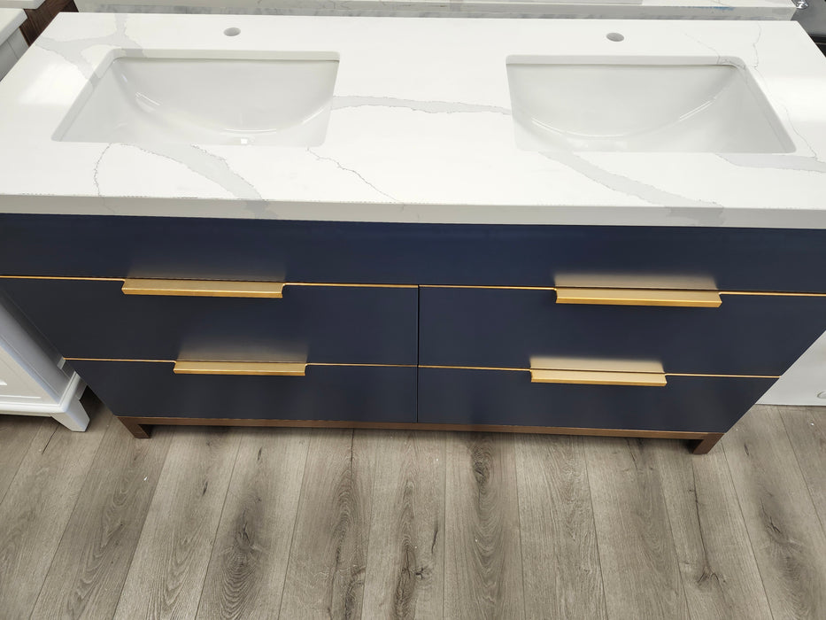 CCS401 - 60" NAVY BLUE , Double Sink,Floor Standing Modern Bathroom Vanity, Calcatta Quartz Countertop, Brushed Bronze Hardware "" FLOOR MODEL ""
