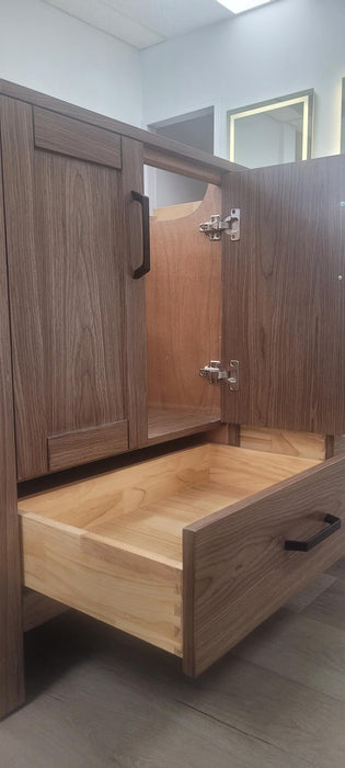 CCS201 - 42" Brown Oak , Floor Standing Modern Bathroom Vanity, White Quartz Countertop, Matt Black Hardware