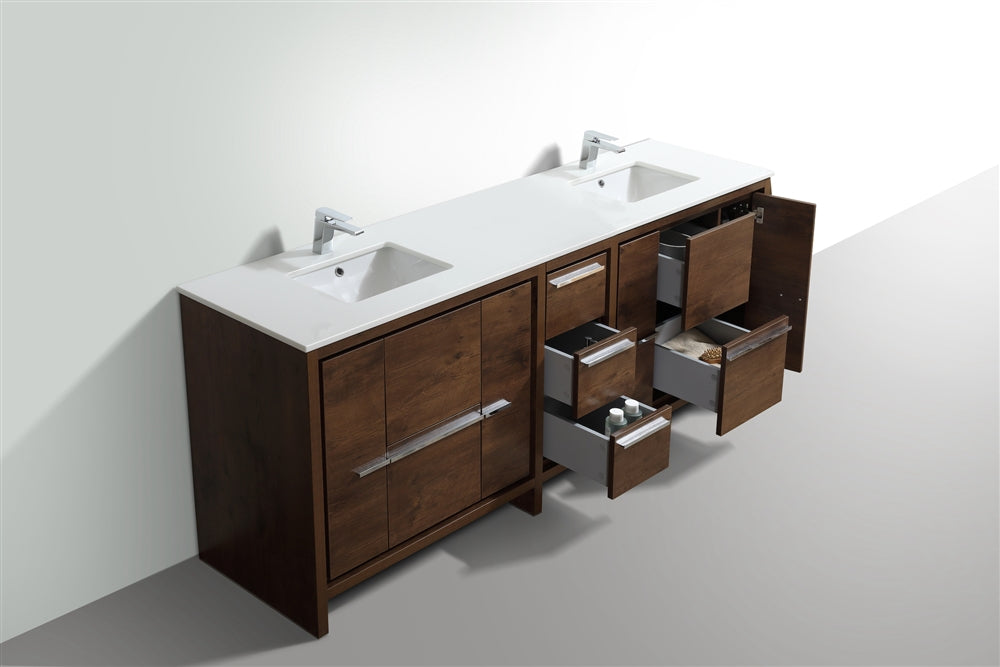 AD84" Double Sink, Rose Wood, Quartz Countertop, Floor Standing Bathroom Vanity