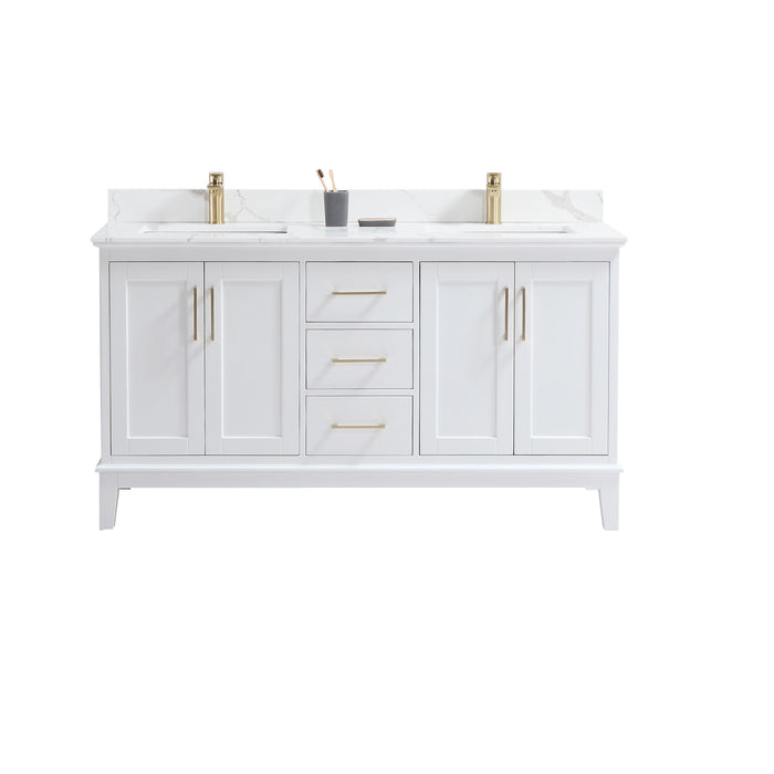 CCS501 - 60" White, Double Sink, Floor Standing Modern Bathroom Vanity, CALACATTA QUARTZ Countertop