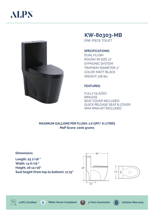 ALPS-KW-80303-MB, One-Piece Matt Black Dual Flush Toilet ***PICKUP IN STORE ONLY***