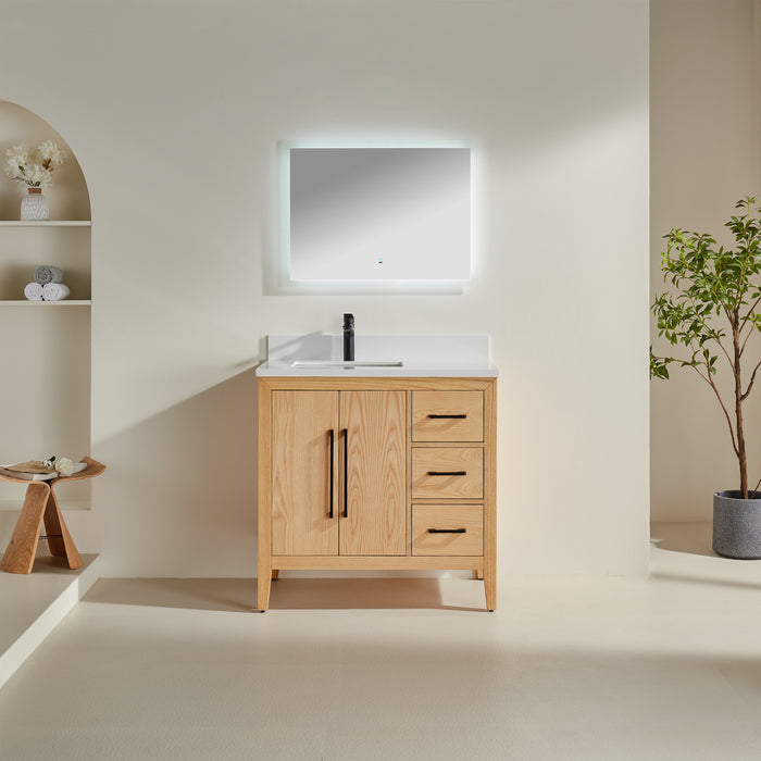 CCS901 - 36" White Oak ,Right Side Drawers, Floor Standing Modern Bathroom Vanity, Quartz Countertop, Matt Black Hardware