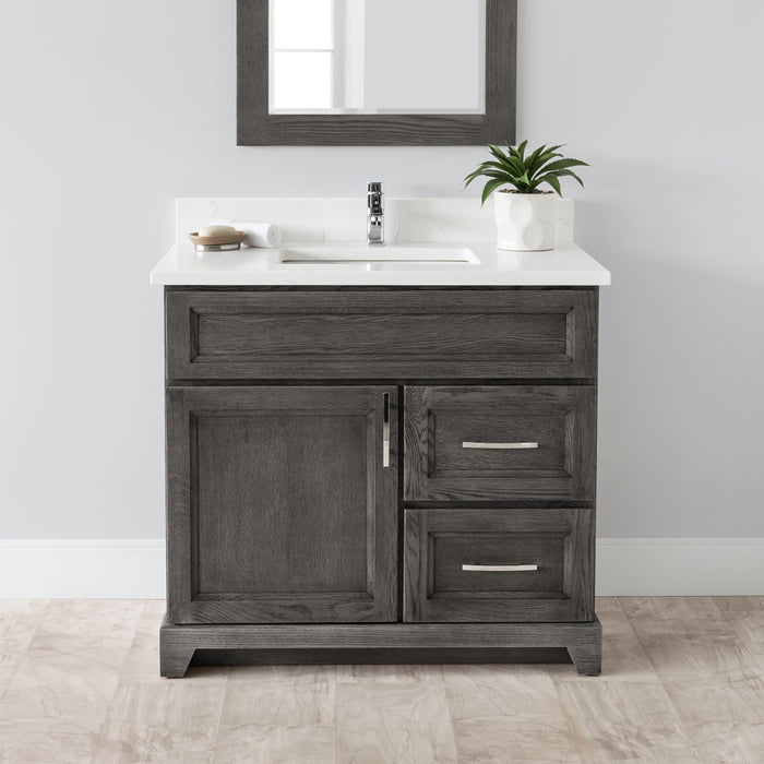 StoneWood - 36" Right Side Drawers Solid Wood Canadian Made Bathroom Vanity With Carrera Quartz Countertop (Available in 10 Colors )