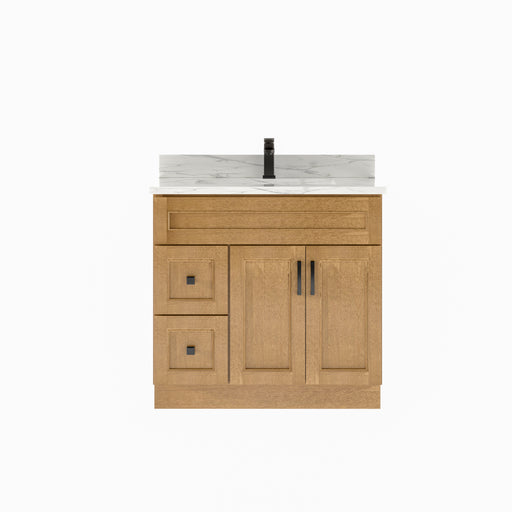 Nova- 36" DARK BROWN,SOLID WOOD Bathroom Vanity (Left Side Drawers) With White Quartz Countertop - Construction Commodities Supply Inc.