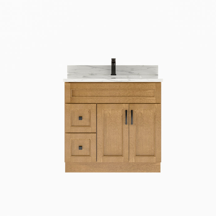 Nova- 36" DARK BROWN,SOLID WOOD Bathroom Vanity (Left Side Drawers) With White Quartz Countertop - Construction Commodities Supply Inc.