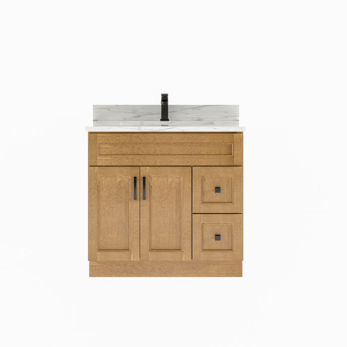 Nova- 36" DARK BROWN,SOLID WOOD Bathroom Vanity (Right Side Drawers) With White Quartz Countertop