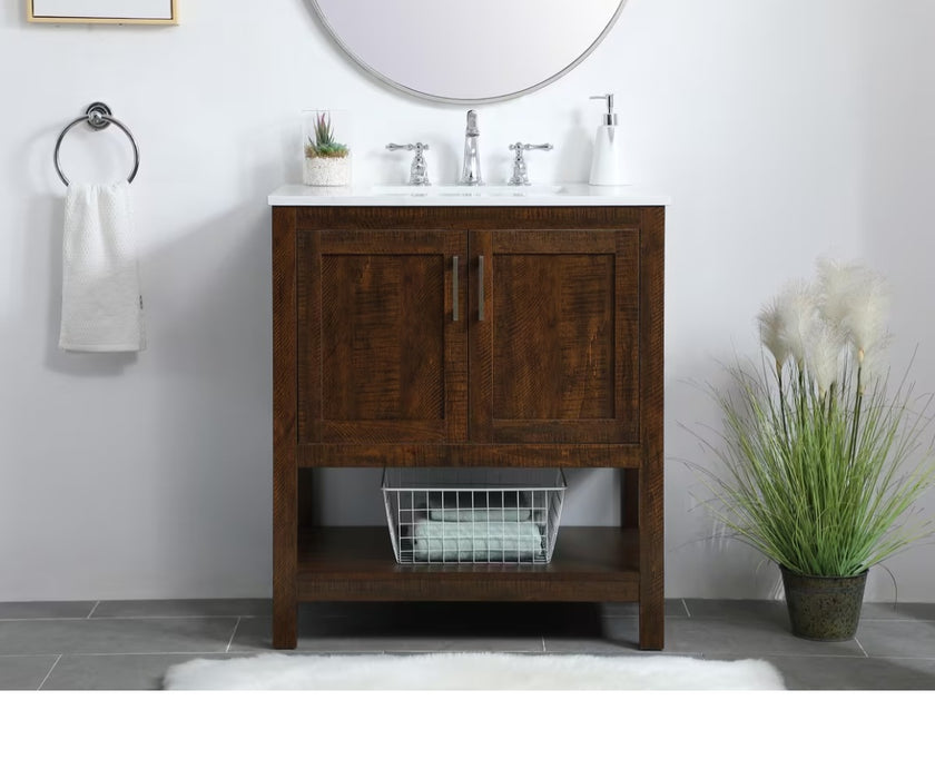 ELEGANT 30" Dark Brown Oak ,Floor Standing Modern Bathroom Vanity, Marble Countertop