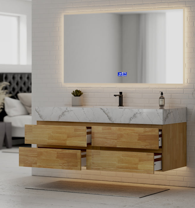 AQUA - 60" Single sink Natural Oak Wall Mount Vanity with Sintered Stone Top