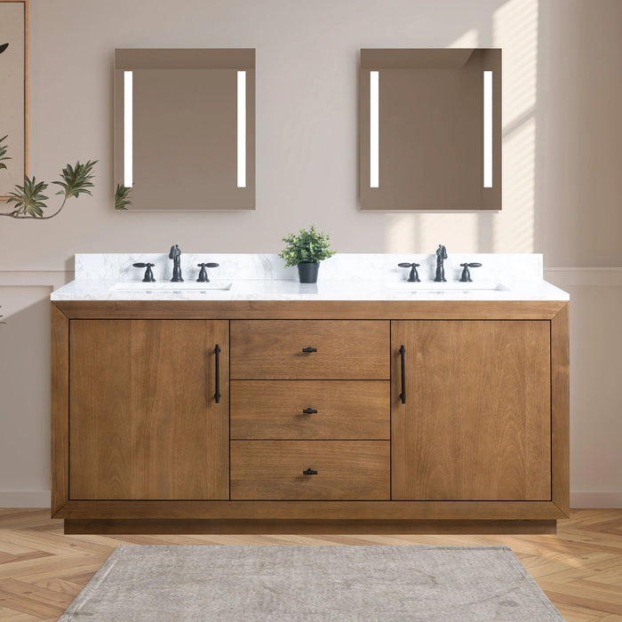 GLORIA- 72x22x34’’ Double Sink Bathroom Vanity in Tan with Arabescato White Top