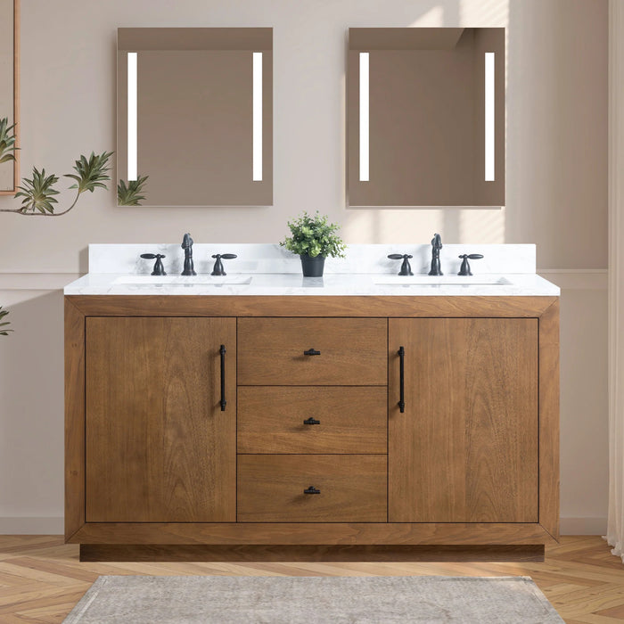 GLORIA- 60x22x34’’ Double Sink Bathroom Vanity in Tan with Arabescato White Top
