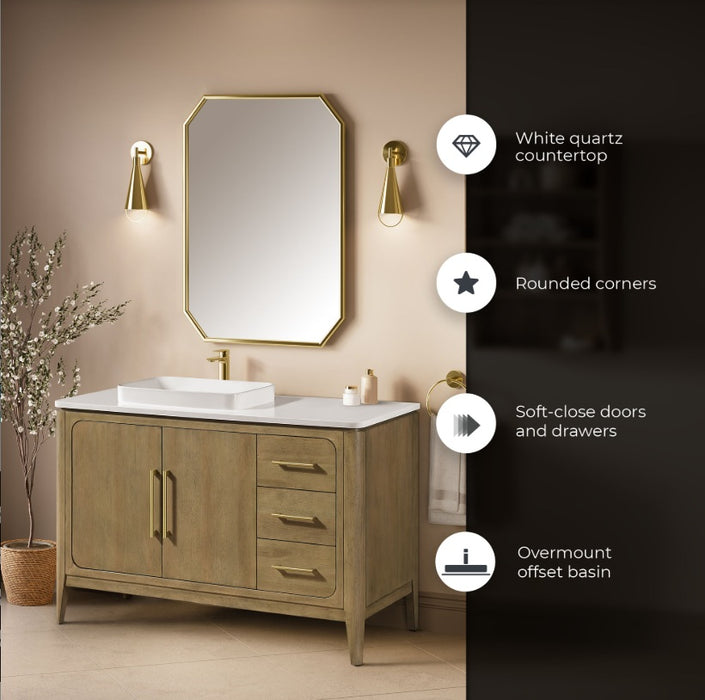 WINDSOR  - 48" BROWN OAK Solid wood Bathroom Vanity with White quartz top & overmount sink.