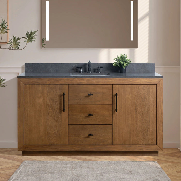 GLORIA- 60x22x34’’ Single Sink Bathroom Vanity in Tan with Black Limestone Top