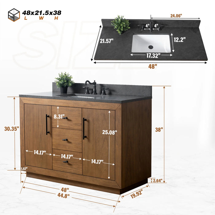 GLORIA- 48x22x34’’ Bathroom Vanity in Tan with Black Limestone Top