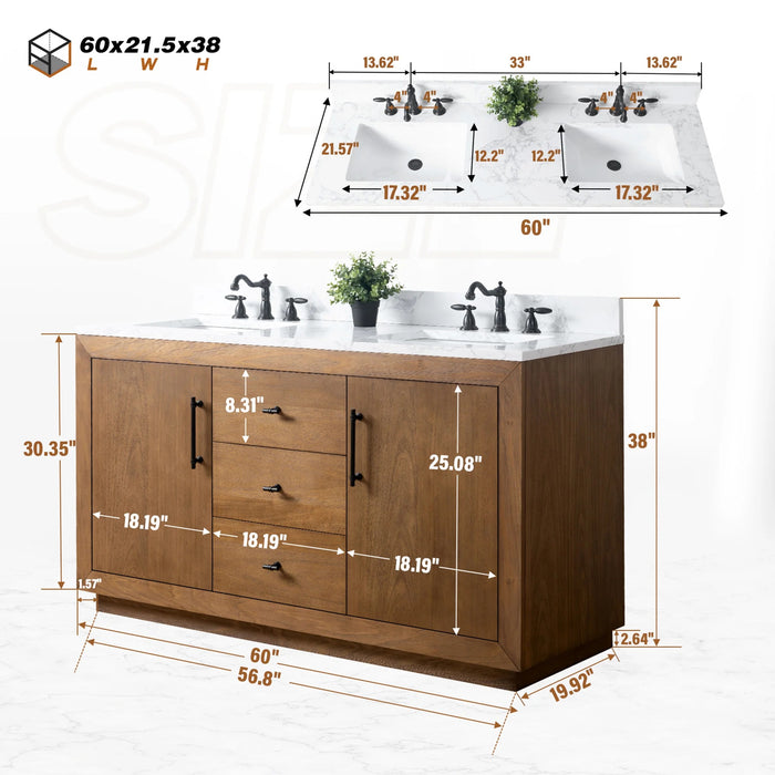 GLORIA- 60x22x34’’ Double Sink Bathroom Vanity in Tan with Arabescato White Top