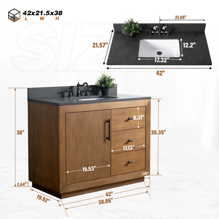 GLORIA- 42x22x34’’  Bathroom Vanity in Tan with Black Limestone Top