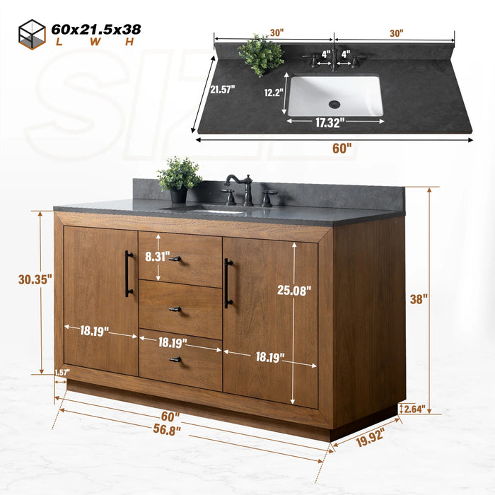 GLORIA- 60x22x34’’ Single Sink Bathroom Vanity in Tan with Black Limestone Top