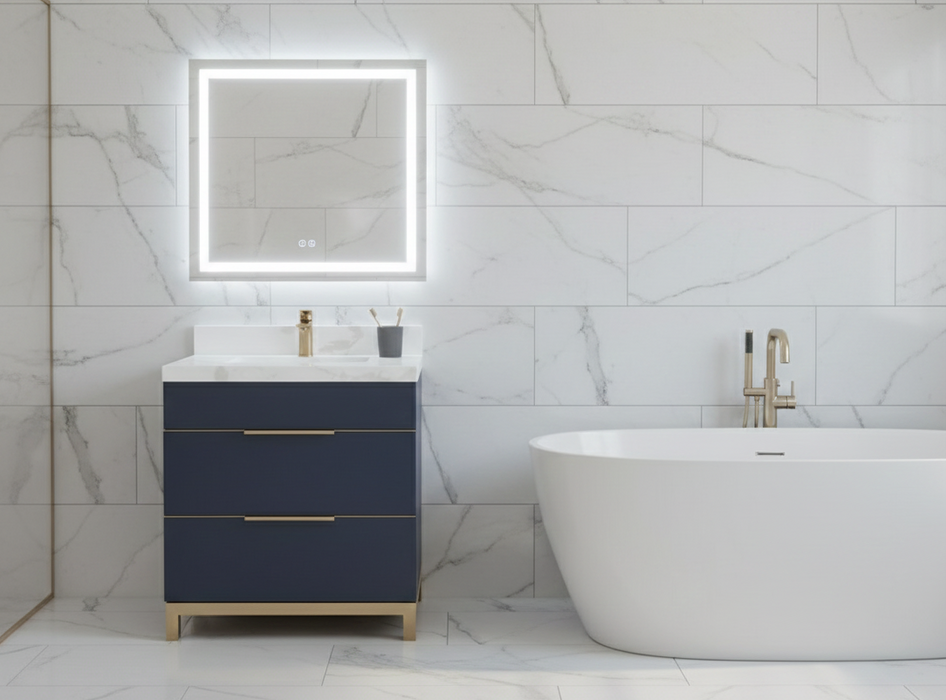 TURIN - 30" Navy Blue, Solid Wood Floor Standing Modern Bathroom Vanity, Calcatta Quartz Countertop, Bronze Hardware - Construction Commodities Supply Inc.