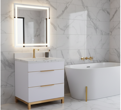 TURIN - 30" WHITE, Solid Wood Floor Standing Modern Bathroom Vanity, Calcatta Quartz Countertop, Bronze Hardware - Construction Commodities Supply Inc.