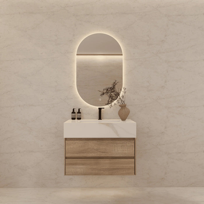 AQUA-32" LIGHT OAK Wall Mount Vanity with Sintered Stone Top - Construction Commodities Supply Inc.