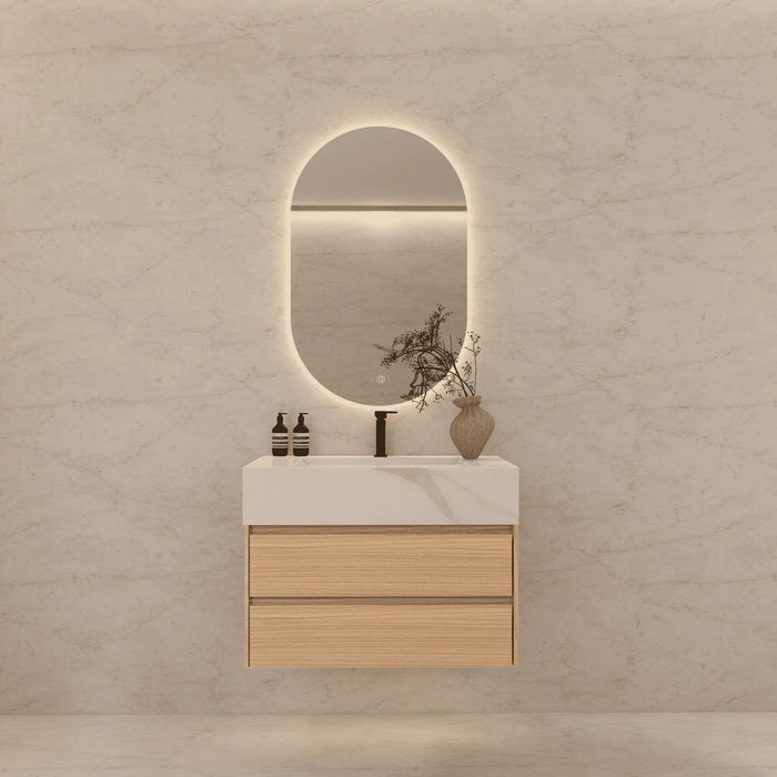 AQUA-32" NATURAL OAK Wall Mount Vanity with Sintered Stone Top - Construction Commodities Supply Inc.