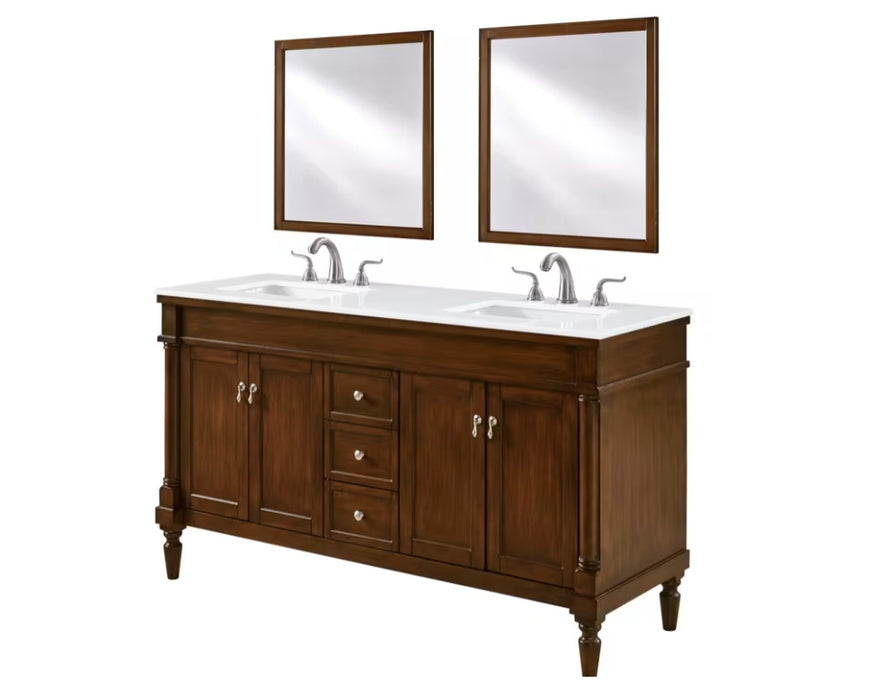 MODORA- 60" Double sink Walnut , Floor Standing Bathroom Vanity, Quartz Countertop