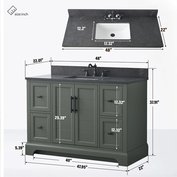 Modena , 48" Vintage Green Freestanding Bathroom Vanity with Stone Countertop