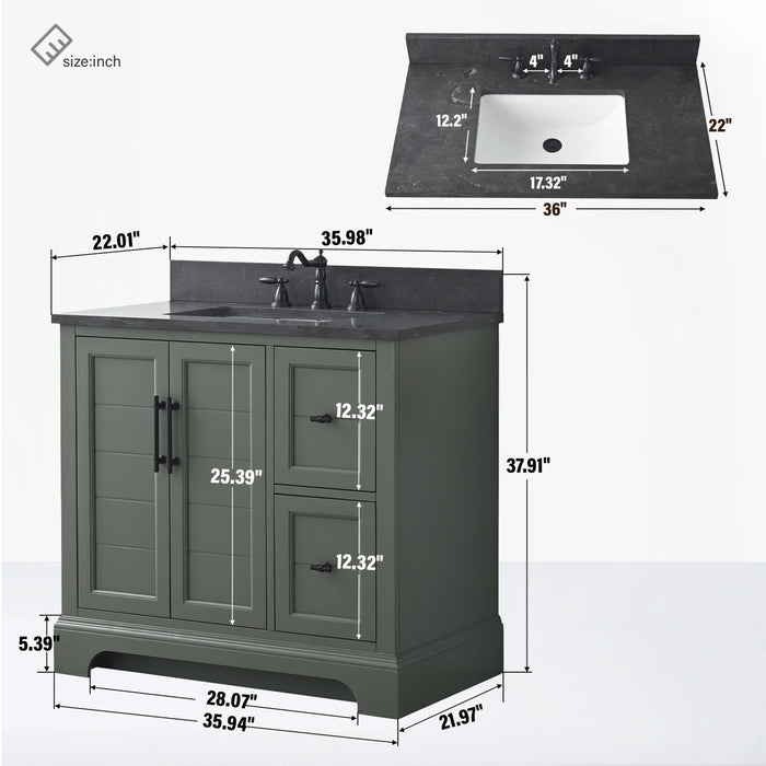 Modena , 36" Vintage Green Freestanding Bathroom Vanity with Stone Countertop