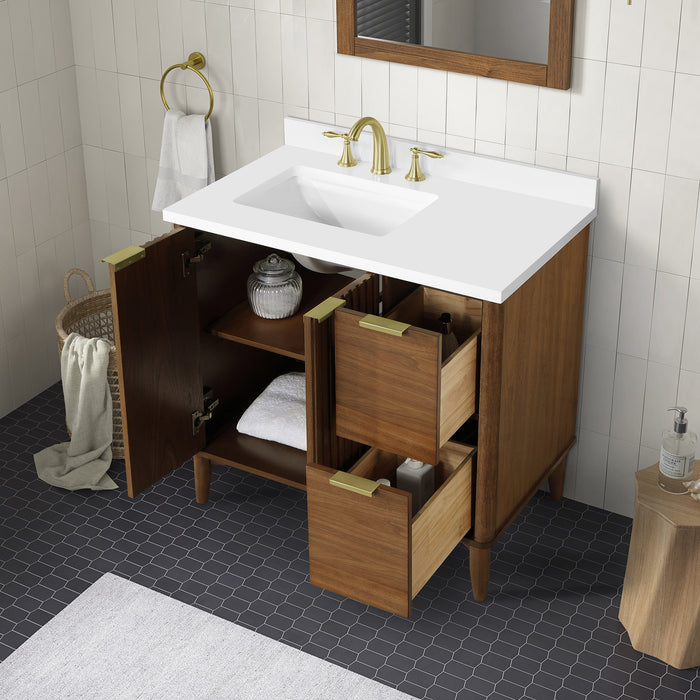 GABI- 36"  WALNUT  Solid wood Bathroom Vanity with White marble top