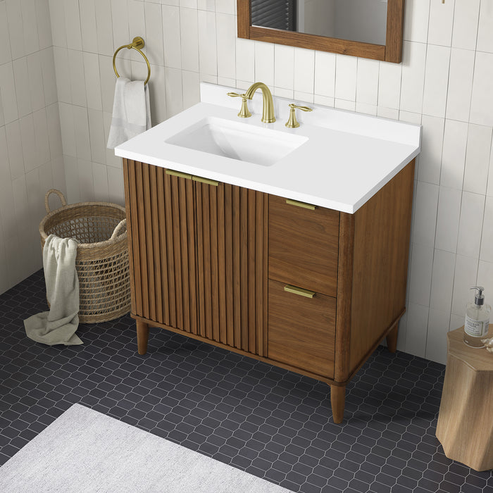 GABI- 36"  WALNUT  Solid wood Bathroom Vanity with White marble top