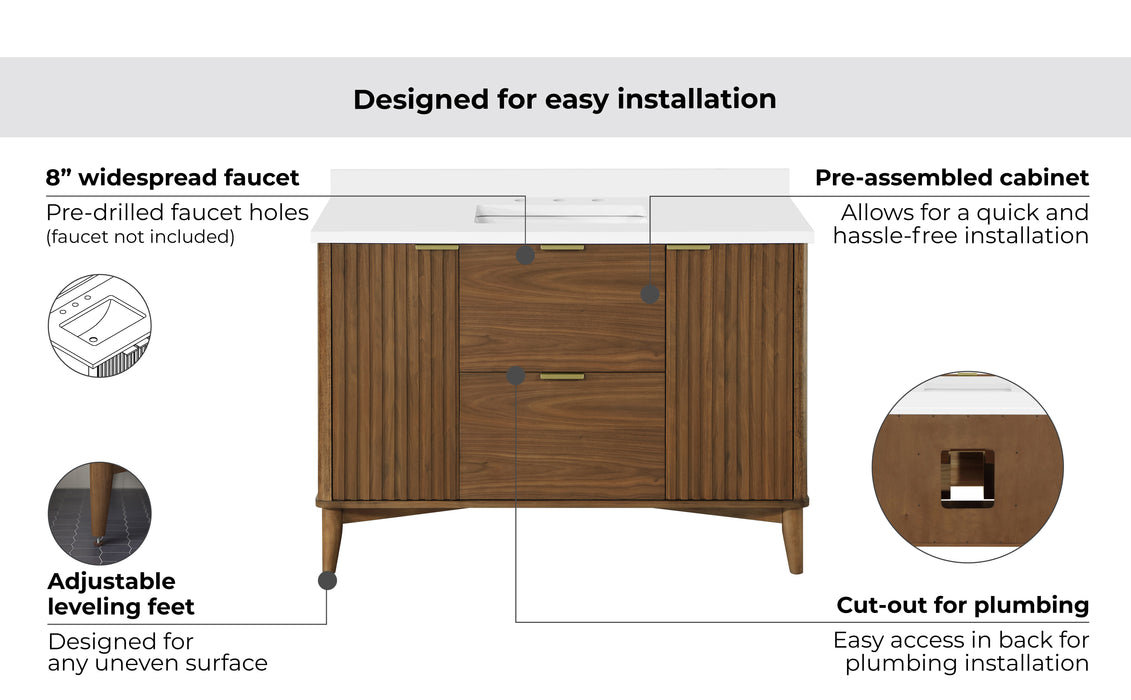 GABI - 48"  WALNUT  Solid wood Bathroom Vanity with White marble top
