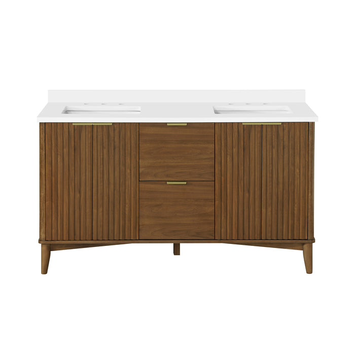 GABI- 60" Double Sink, WALNUT Solid wood Bathroom Vanity with White marble top