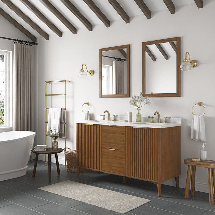 GABI- 60" Double Sink, WALNUT Solid wood Bathroom Vanity with White marble top