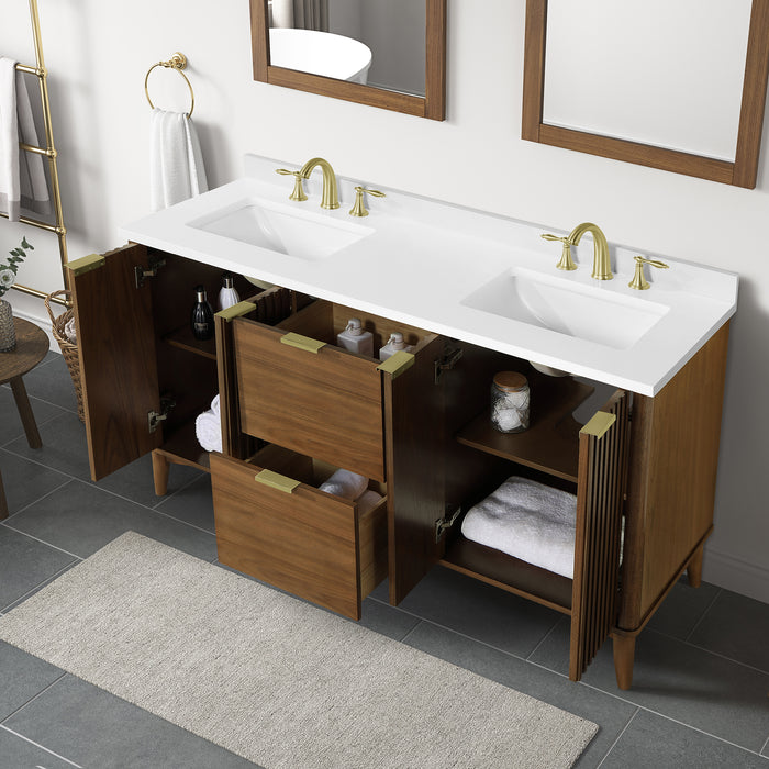 GABI- 60" Double Sink, WALNUT Solid wood Bathroom Vanity with White marble top