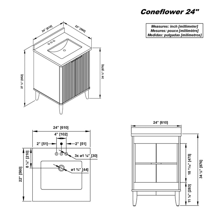 Coneflower - 24"  WALNUT  Solid wood Bathroom Vanity with White Quartz top  ( PRE-ORDER NOW, ETA: 2026-04-10 ) - Construction Commodities Supply Inc.