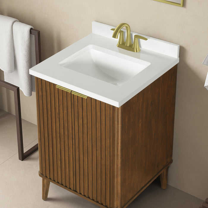 Coneflower - 24"  WALNUT  Solid wood Bathroom Vanity with White Quartz top  ( PRE-ORDER NOW, ETA: 2026-04-10 ) - Construction Commodities Supply Inc.