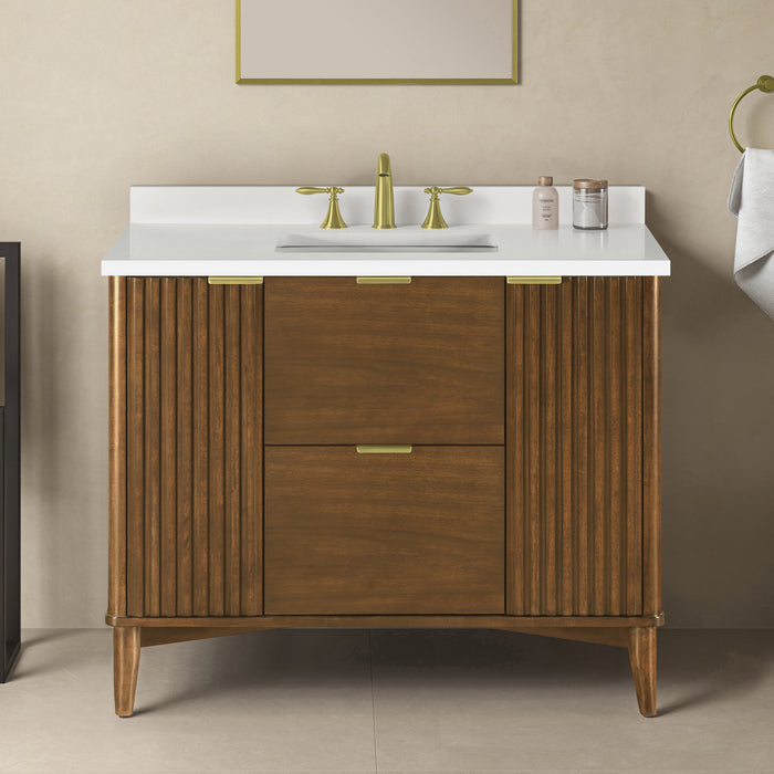 Coneflower - 42"  WALNUT  Solid wood Bathroom Vanity with White Quartz top  ( PRE-ORDER NOW, ETA: 2026-04-10 ) - Construction Commodities Supply Inc.