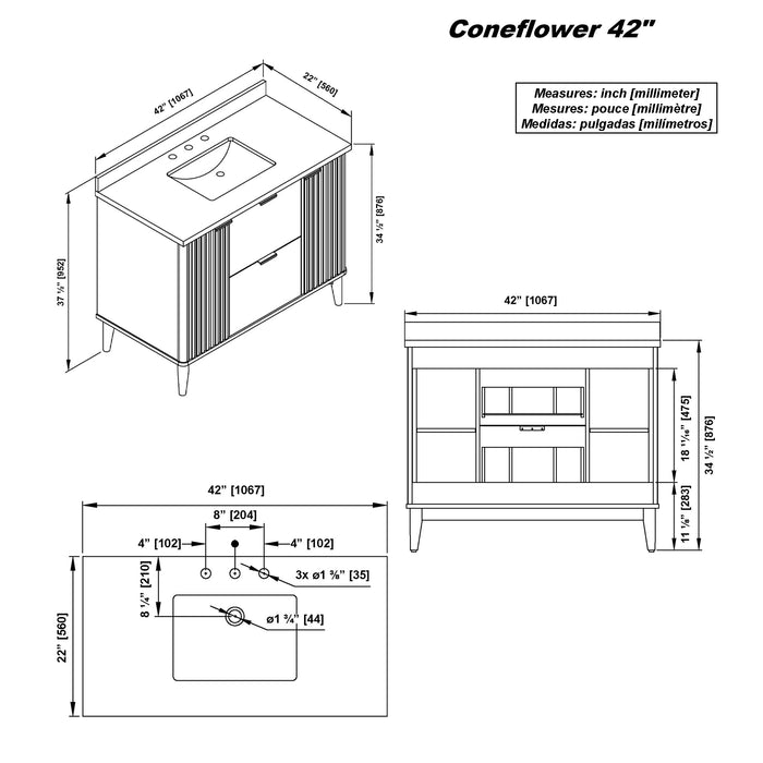 Coneflower - 42"  WALNUT  Solid wood Bathroom Vanity with White Quartz top  ( PRE-ORDER NOW, ETA: 2026-04-10 ) - Construction Commodities Supply Inc.