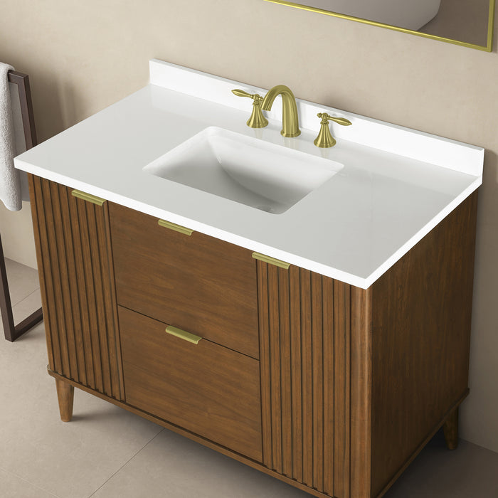 Coneflower - 42"  WALNUT  Solid wood Bathroom Vanity with White Quartz top  ( PRE-ORDER NOW, ETA: 2026-04-10 ) - Construction Commodities Supply Inc.