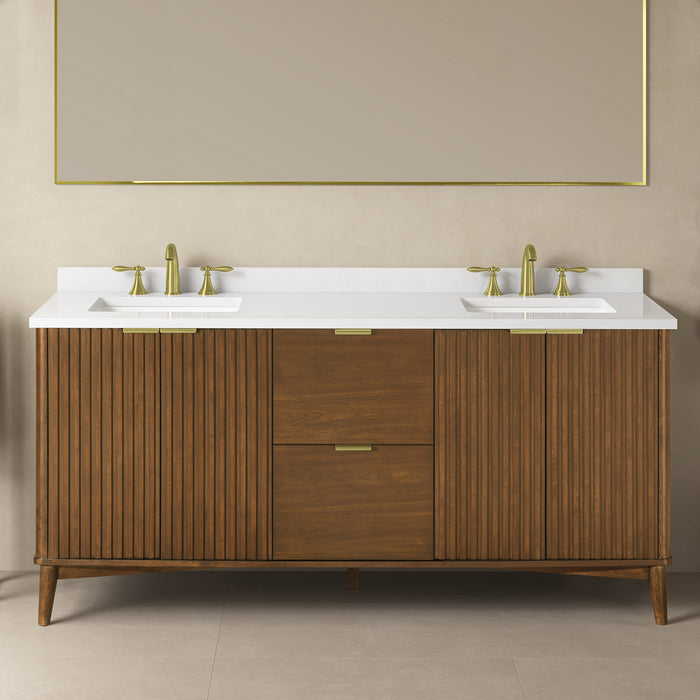 Coneflower- 72" Double Sink, WALNUT Solid wood Bathroom Vanity with White Quartz top( PRE-ORDER NOW, ETA: 2026-04-10 ) - Construction Commodities Supply Inc.