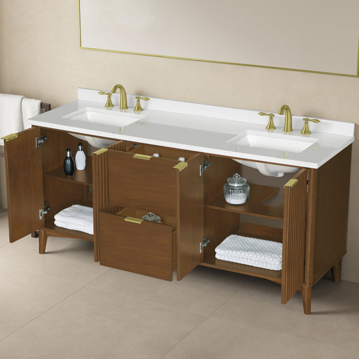 Coneflower- 72" Double Sink, WALNUT Solid wood Bathroom Vanity with White Quartz top( PRE-ORDER NOW, ETA: 2026-04-10 ) - Construction Commodities Supply Inc.