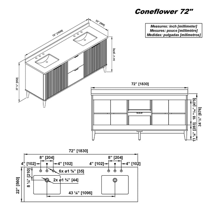 Coneflower- 72" Double Sink, WALNUT Solid wood Bathroom Vanity with White Quartz top( PRE-ORDER NOW, ETA: 2026-04-10 ) - Construction Commodities Supply Inc.