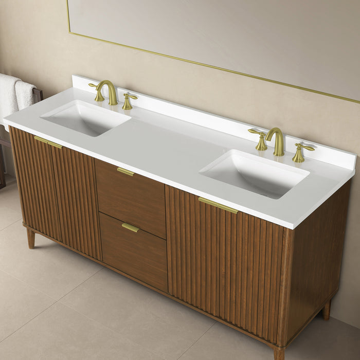 Coneflower- 72" Double Sink, WALNUT Solid wood Bathroom Vanity with White Quartz top( PRE-ORDER NOW, ETA: 2026-04-10 ) - Construction Commodities Supply Inc.