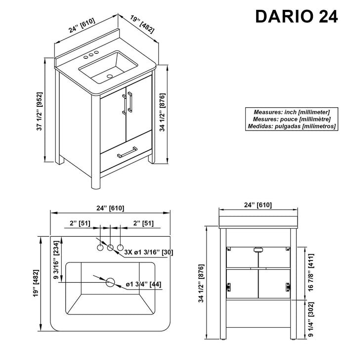 DARIO - 24"  x 19" WHITE Bathroom Vanity with White Quartz top (Copy) - Construction Commodities Supply Inc.