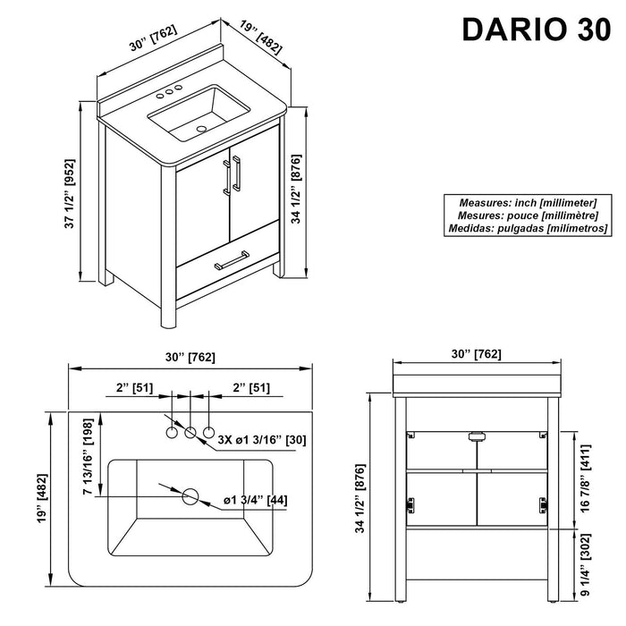 DARIO - 30"  x 19" WHITE Bathroom Vanity with White Quartz top - Construction Commodities Supply Inc.