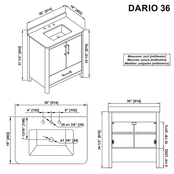 DARIO - 36"  x 19" WHITE Bathroom Vanity with White Quartz top - Construction Commodities Supply Inc.