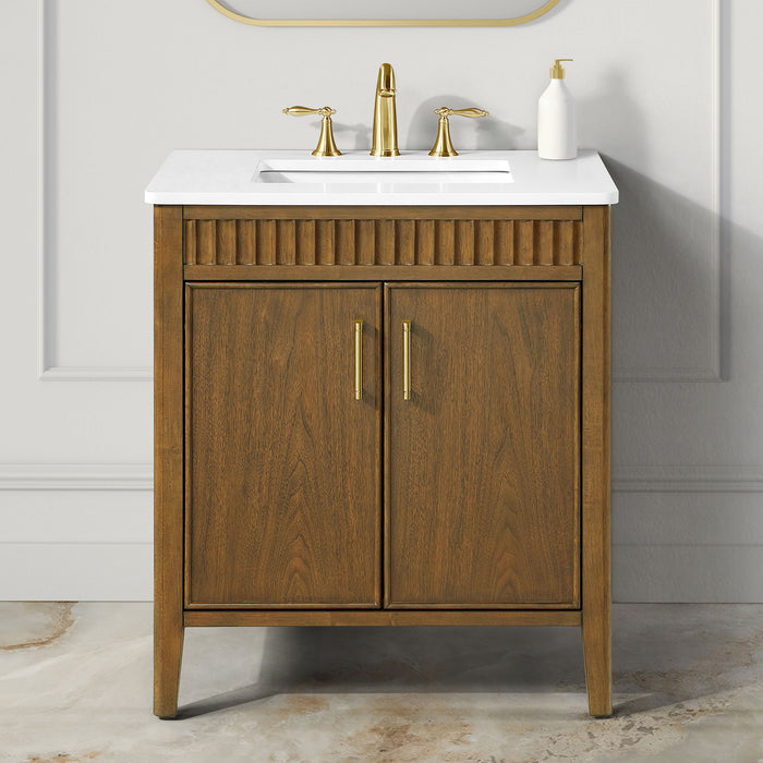 SIERRA - 30" Antique Walnut , Solid Wood Floor Standing Modern Bathroom Vanity,White Quartz Countertop ( PRE-ORDER NOW, ETA: 2026-04-20 ) - Construction Commodities Supply Inc.