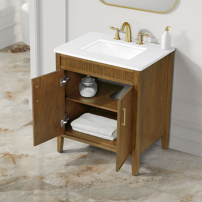 SIERRA - 30" Antique Walnut , Solid Wood Floor Standing Modern Bathroom Vanity,White Quartz Countertop ( PRE-ORDER NOW, ETA: 2026-04-20 ) - Construction Commodities Supply Inc.