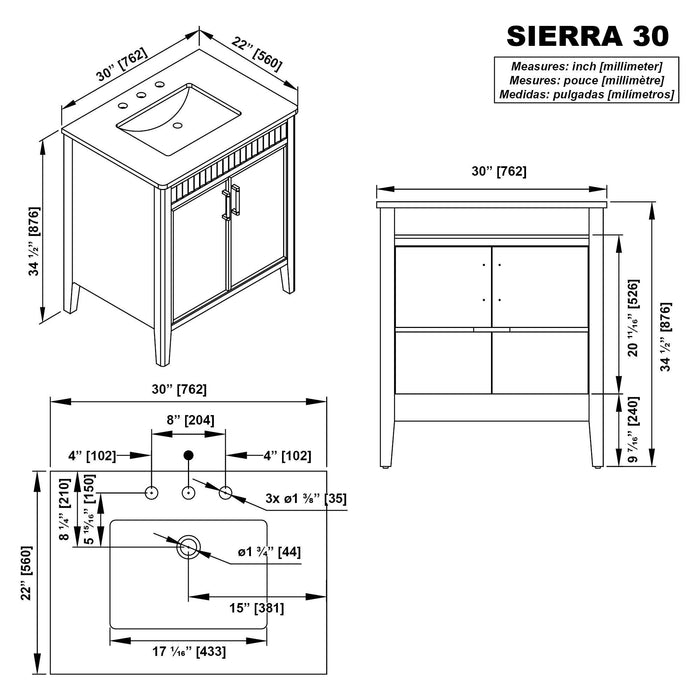SIERRA - 30" Antique Walnut , Solid Wood Floor Standing Modern Bathroom Vanity,White Quartz Countertop ( PRE-ORDER NOW, ETA: 2026-04-20 ) - Construction Commodities Supply Inc.