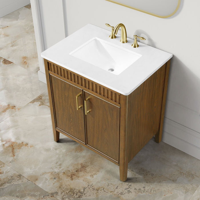 SIERRA - 30" Antique Walnut , Solid Wood Floor Standing Modern Bathroom Vanity,White Quartz Countertop ( PRE-ORDER NOW, ETA: 2026-04-20 ) - Construction Commodities Supply Inc.