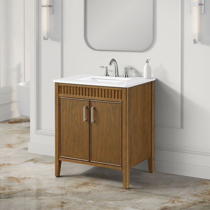 SIERRA - 30" Antique Walnut , Solid Wood Floor Standing Modern Bathroom Vanity,White Quartz Countertop ( PRE-ORDER NOW, ETA: 2026-04-20 ) - Construction Commodities Supply Inc.